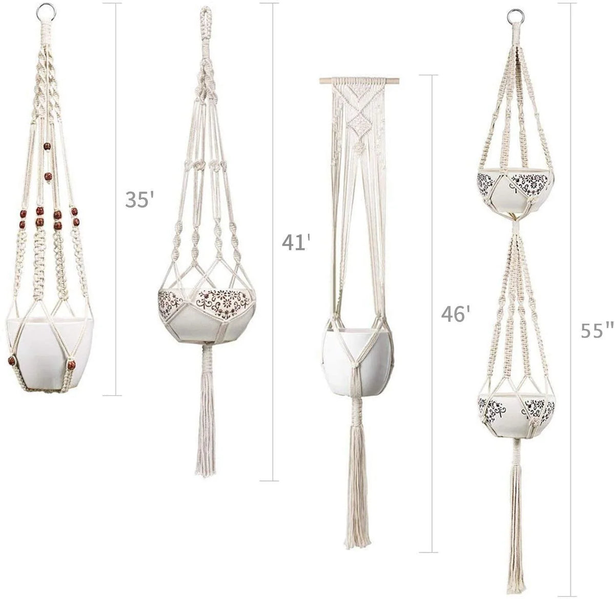 Macrame Plant Hanger | Handmade Cotton Cord & Beads | 4-Pack