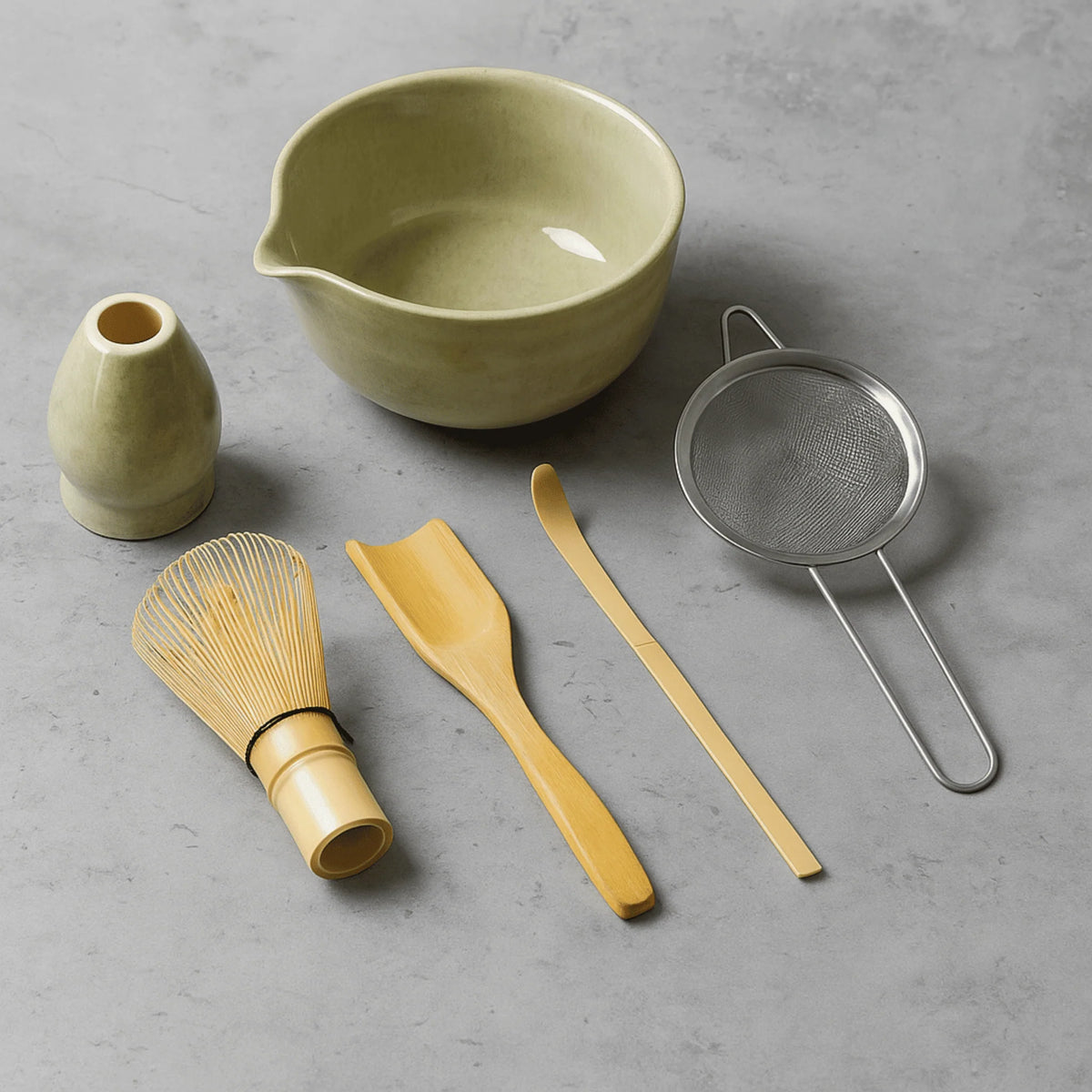 Matcha Tea Set | Ceramic Bowl & Bamboo Utensils | 6-Piece Set