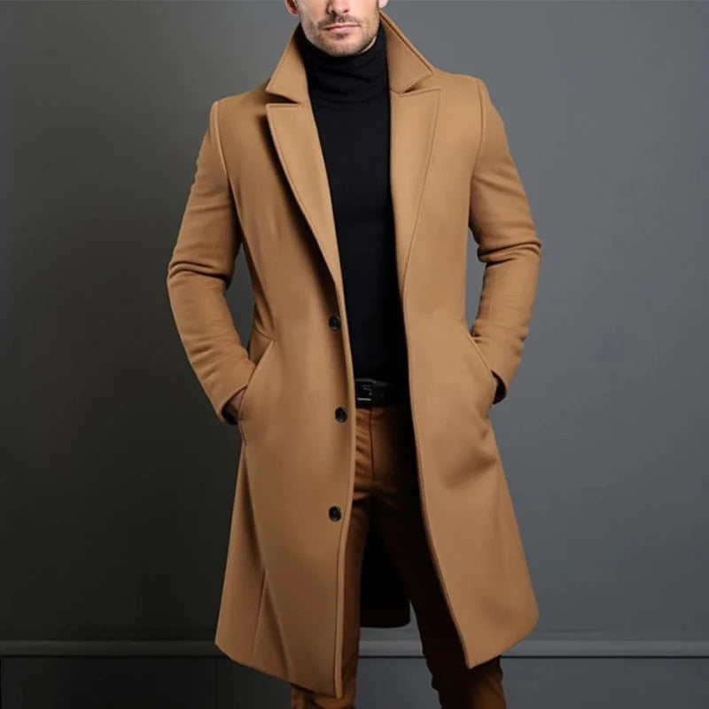 Men's Long Wool Coat | Slim-Fit Double-Breasted