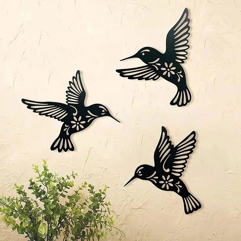 Hummingbird Wall Art | Hollow Black Metal Silhouettes | 3-Piece Set