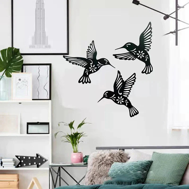 Hummingbird Wall Art | Hollow Black Metal Silhouettes | 3-Piece Set