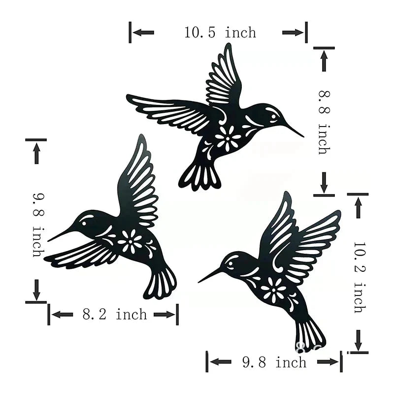 Hummingbird Wall Art | Hollow Black Metal Silhouettes | 3-Piece Set