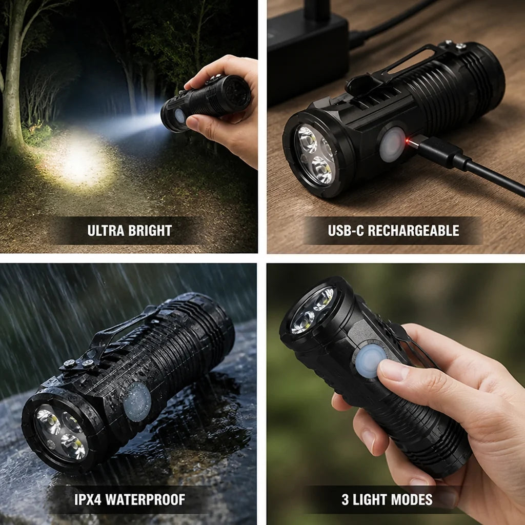Mini LED Flashlight | Triple LED & USB-C Rechargeable | 500m Range