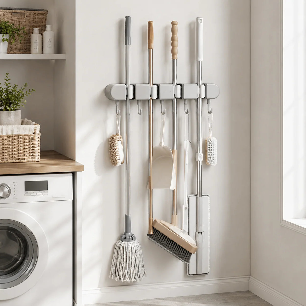 Mop & Broom Holder | Spring-Loaded Grips & Swivel Hooks | No-Drill Mount