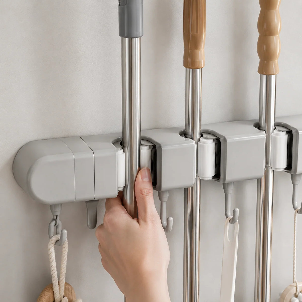 Mop & Broom Holder | Spring-Loaded Grips & Swivel Hooks | No-Drill Mount