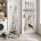Mop & Broom Holder | Spring-Loaded Grips & Swivel Hooks | No-Drill Mount