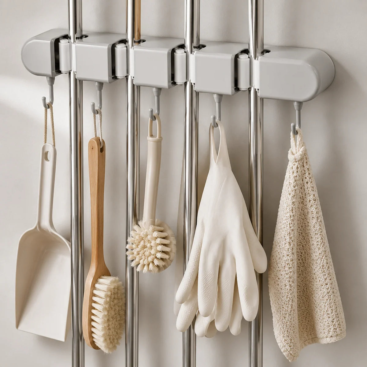 Mop & Broom Holder | Spring-Loaded Grips & Swivel Hooks | No-Drill Mount