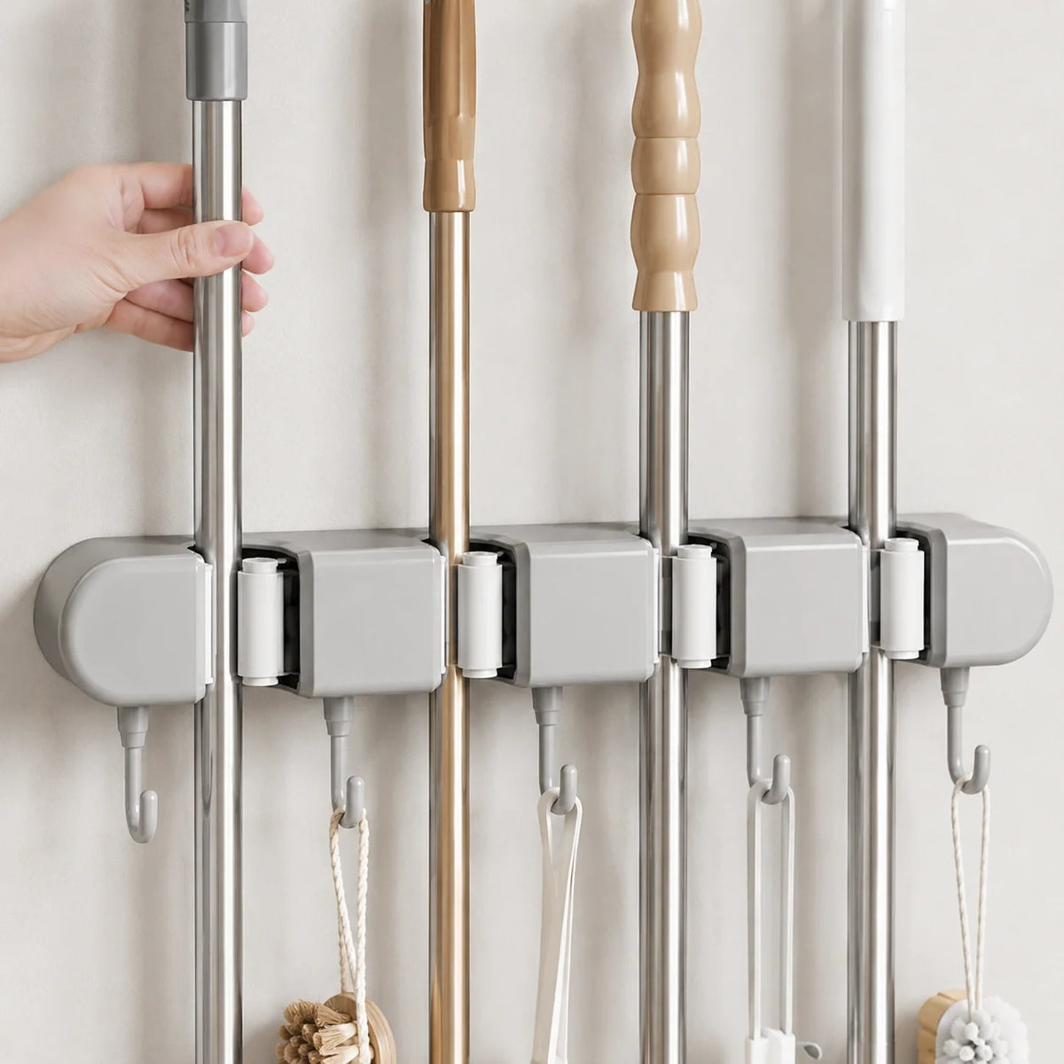 Mop & Broom Holder | Spring-Loaded Grips & Swivel Hooks | No-Drill Mount