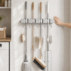 Mop & Broom Holder | Spring-Loaded Grips & Swivel Hooks | No-Drill Mount