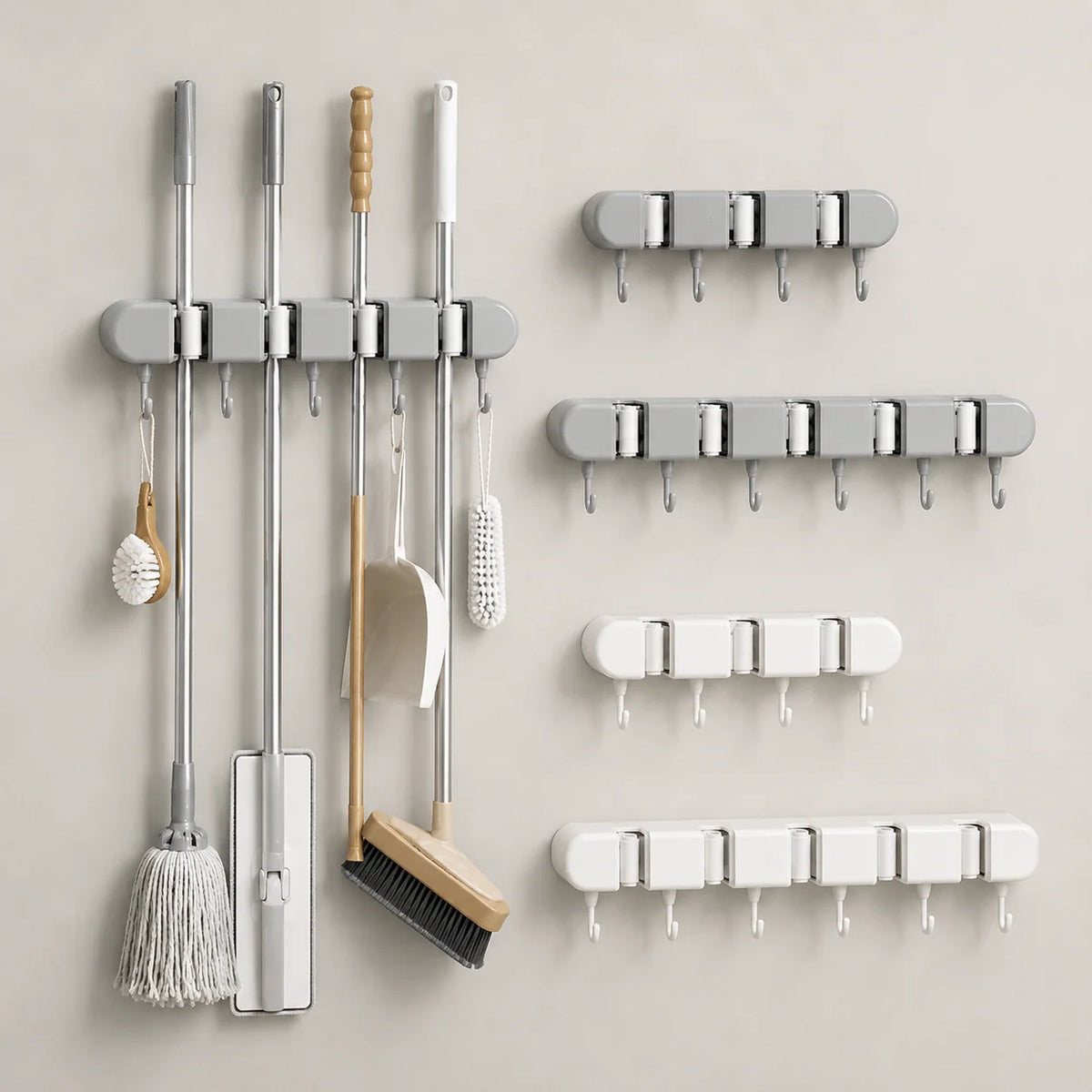 Mop & Broom Holder | Spring-Loaded Grips & Swivel Hooks | No-Drill Mount