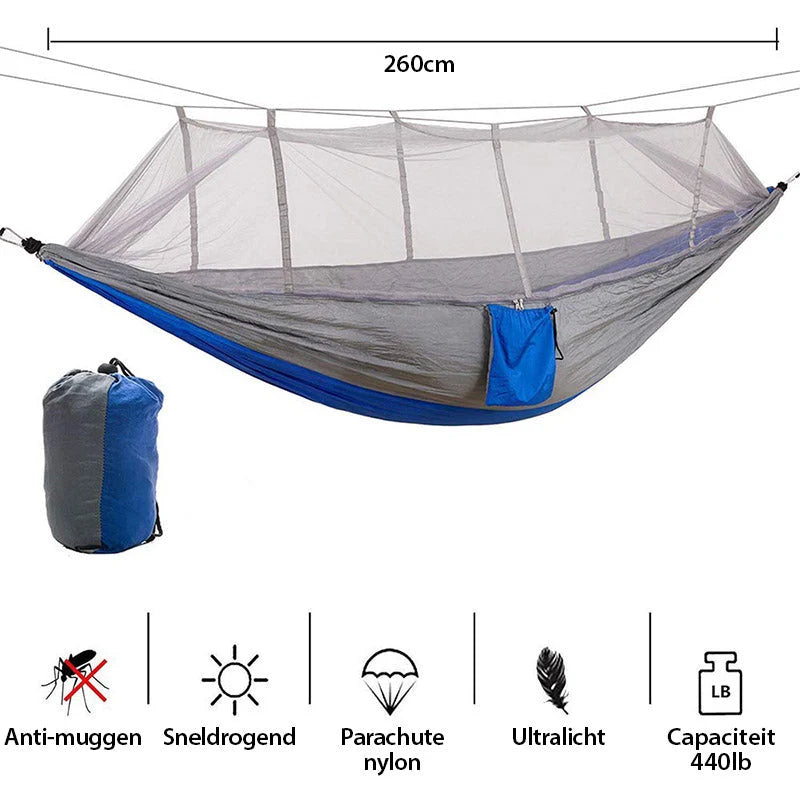 Mosquito Net Hammock | Ultralight Parachute Nylon & Integrated Net | With Straps & Carabiners