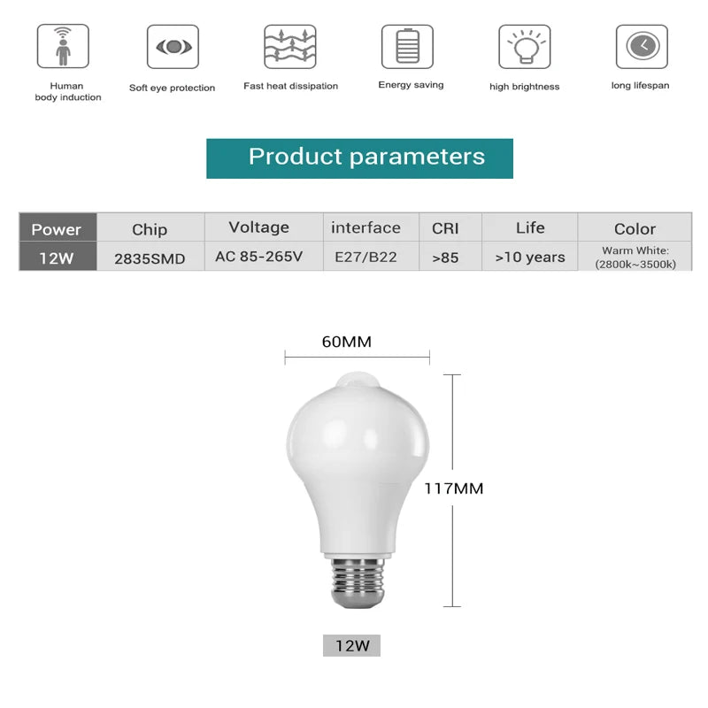 Motion Sensor LED Bulb | PIR & Light Sensors | E27 Base