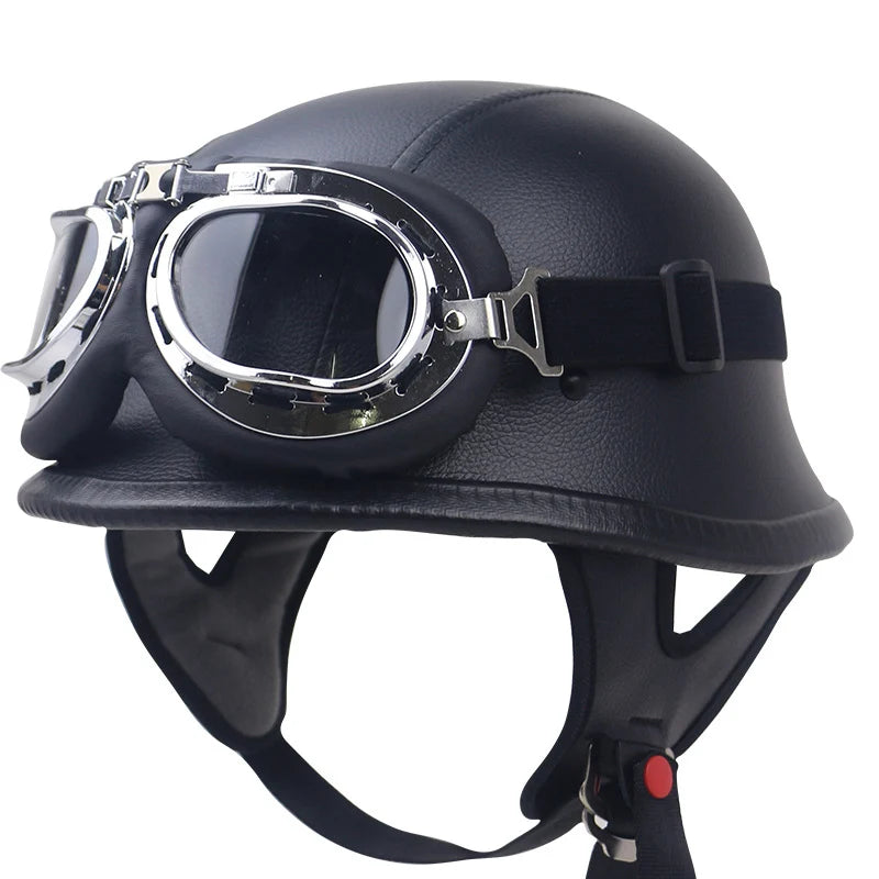 Motorcycle Helmet | Vintage Leather & Integrated Goggles | Safety Certified