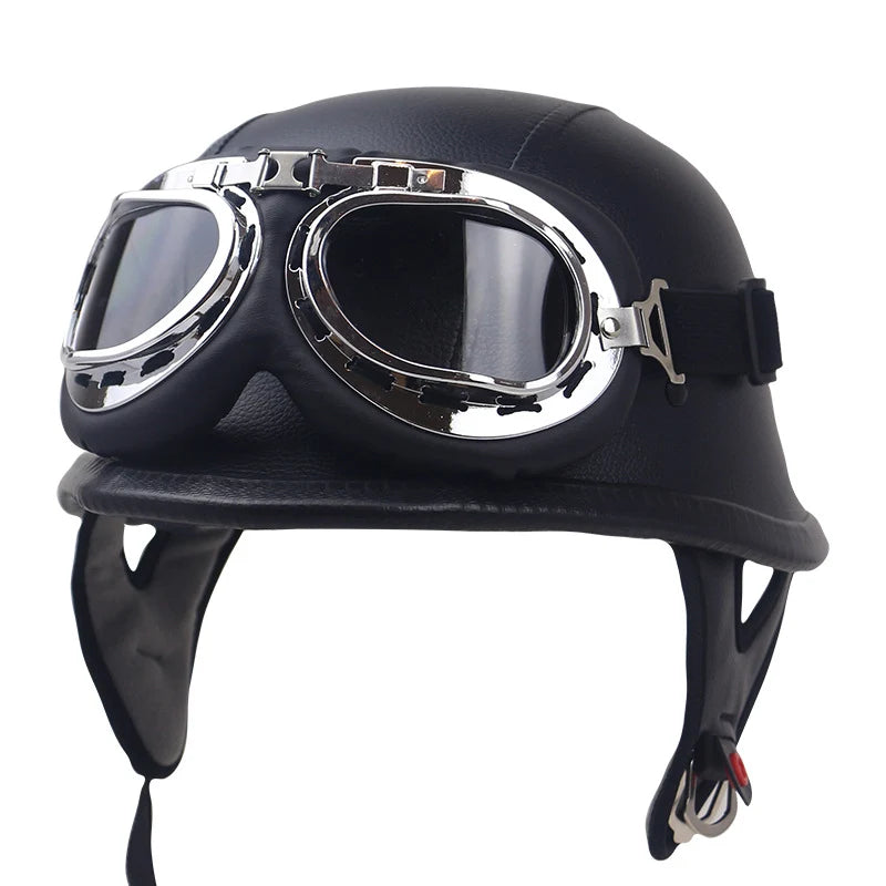 Motorcycle Helmet | Vintage Leather & Integrated Goggles | Safety Certified