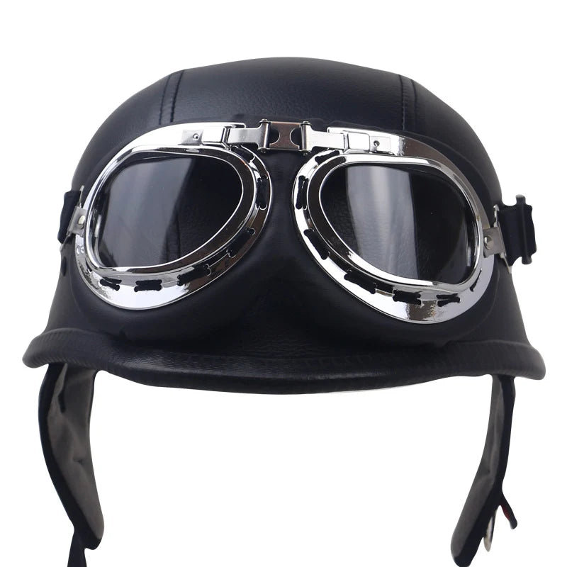 Motorcycle Helmet | Vintage Leather & Integrated Goggles | Safety Certified