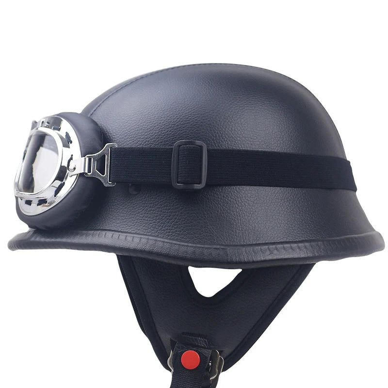Motorcycle Helmet | Vintage Leather & Integrated Goggles | Safety Certified