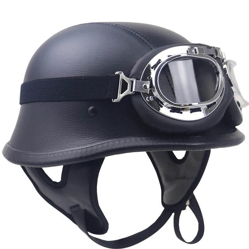 Motorcycle Helmet | Vintage Leather & Integrated Goggles | Safety Certified