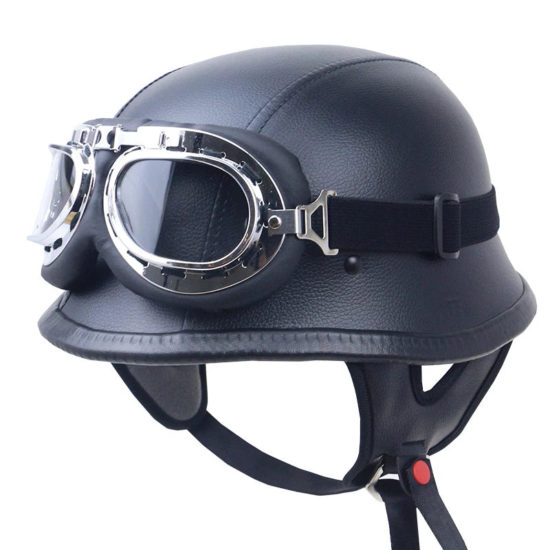 Motorcycle Helmet | Vintage Leather & Integrated Goggles | Safety Certified