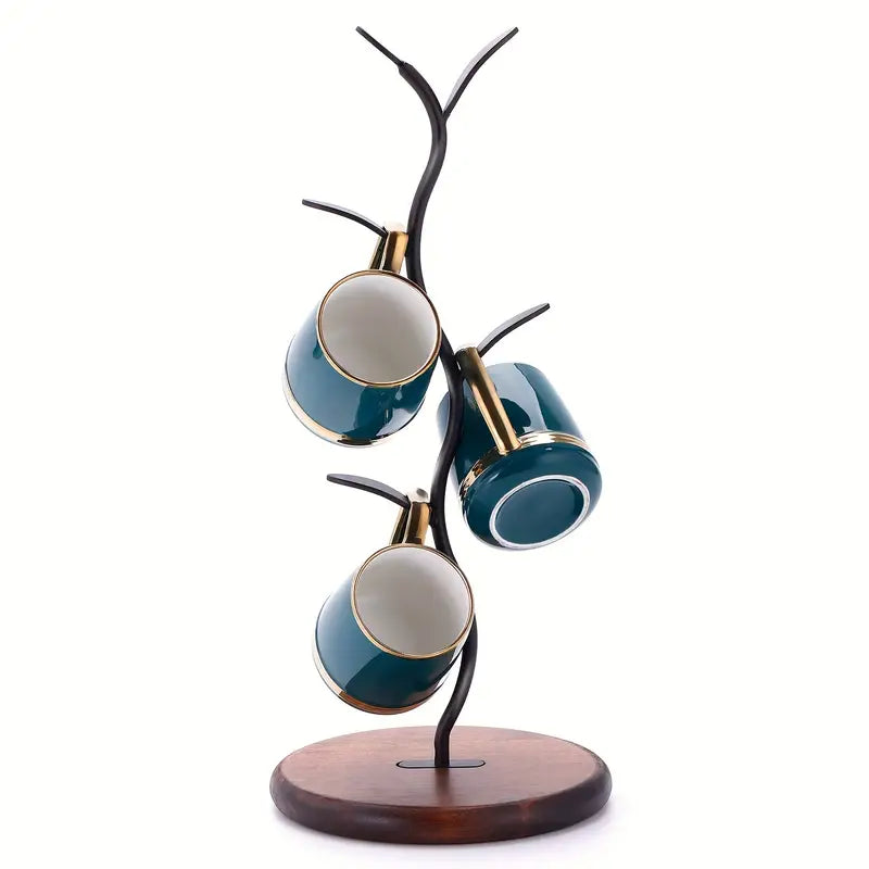 Mug Tree Stand | Powder-Coated Iron & Wooden Base | Holds 5 Mugs