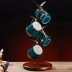 Mug Tree Stand | Powder-Coated Iron & Wooden Base | Holds 5 Mugs