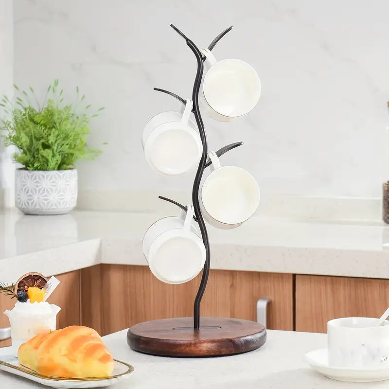 Mug Tree Stand | Powder-Coated Iron & Wooden Base | Holds 5 Mugs