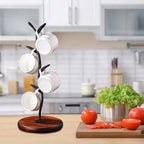 Mug Tree Stand | Powder-Coated Iron & Wooden Base | Holds 5 Mugs