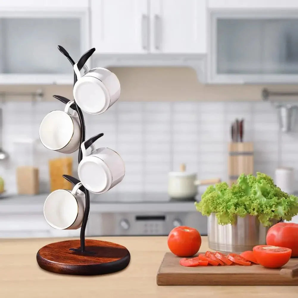 Mug Tree Stand | Powder-Coated Iron & Wooden Base | Holds 5 Mugs