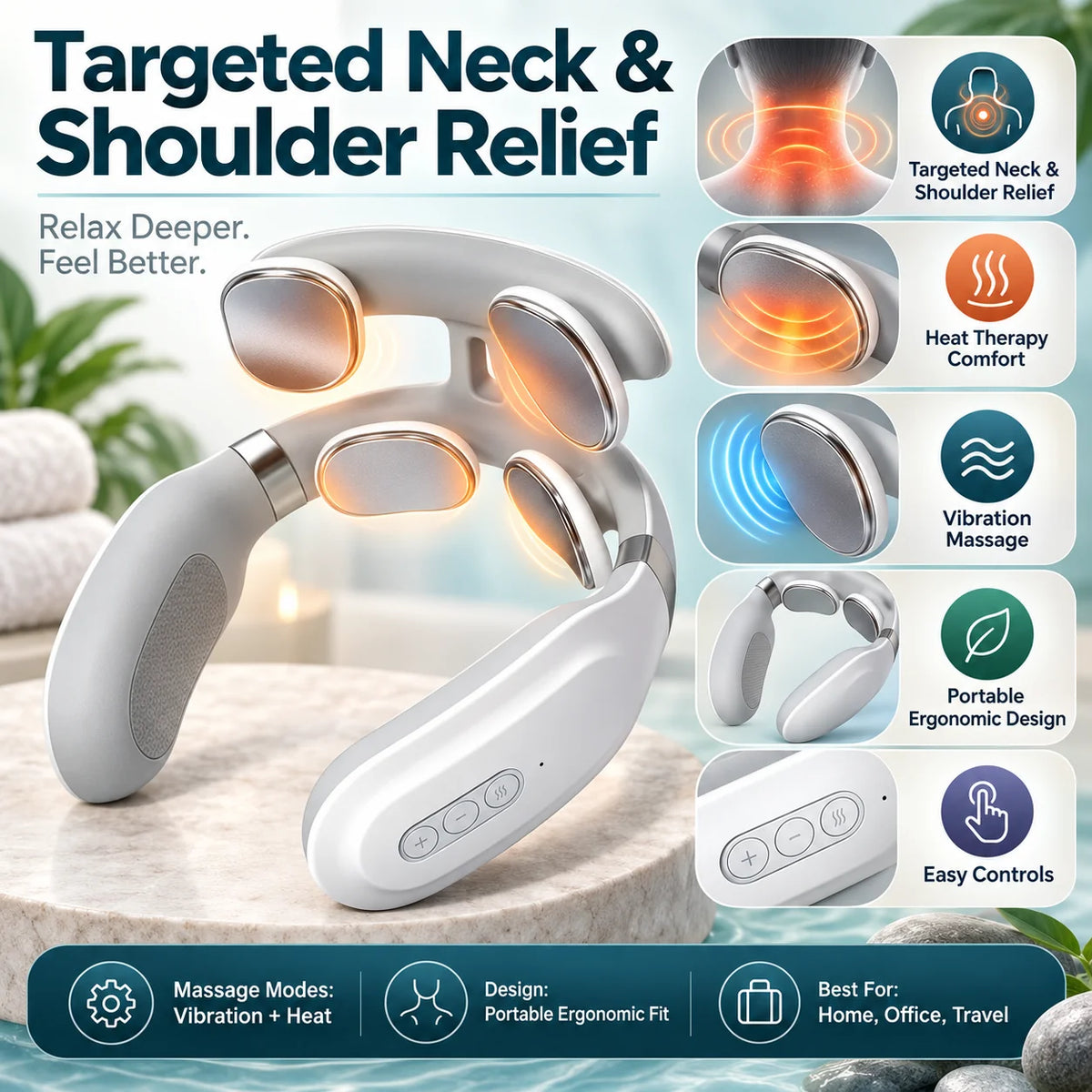 Neck & Shoulder Massager | Vibration & Heat | Portable