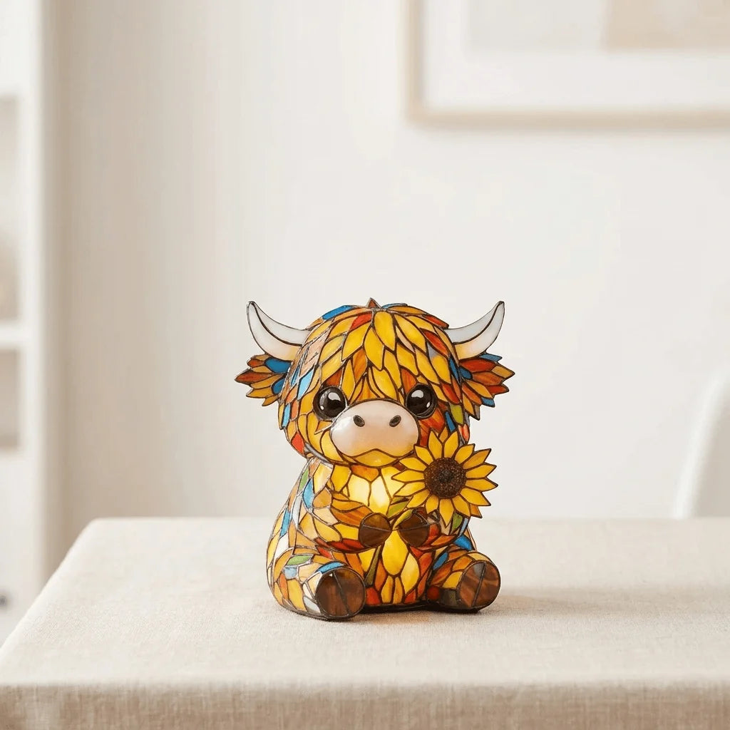 Night Light | Highland Cow Sunflower Stained Glass & Warm Glow