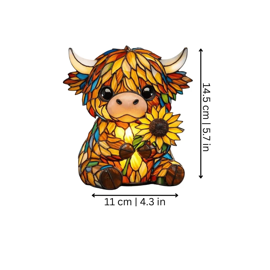 Night Light | Highland Cow Sunflower Stained Glass & Warm Glow