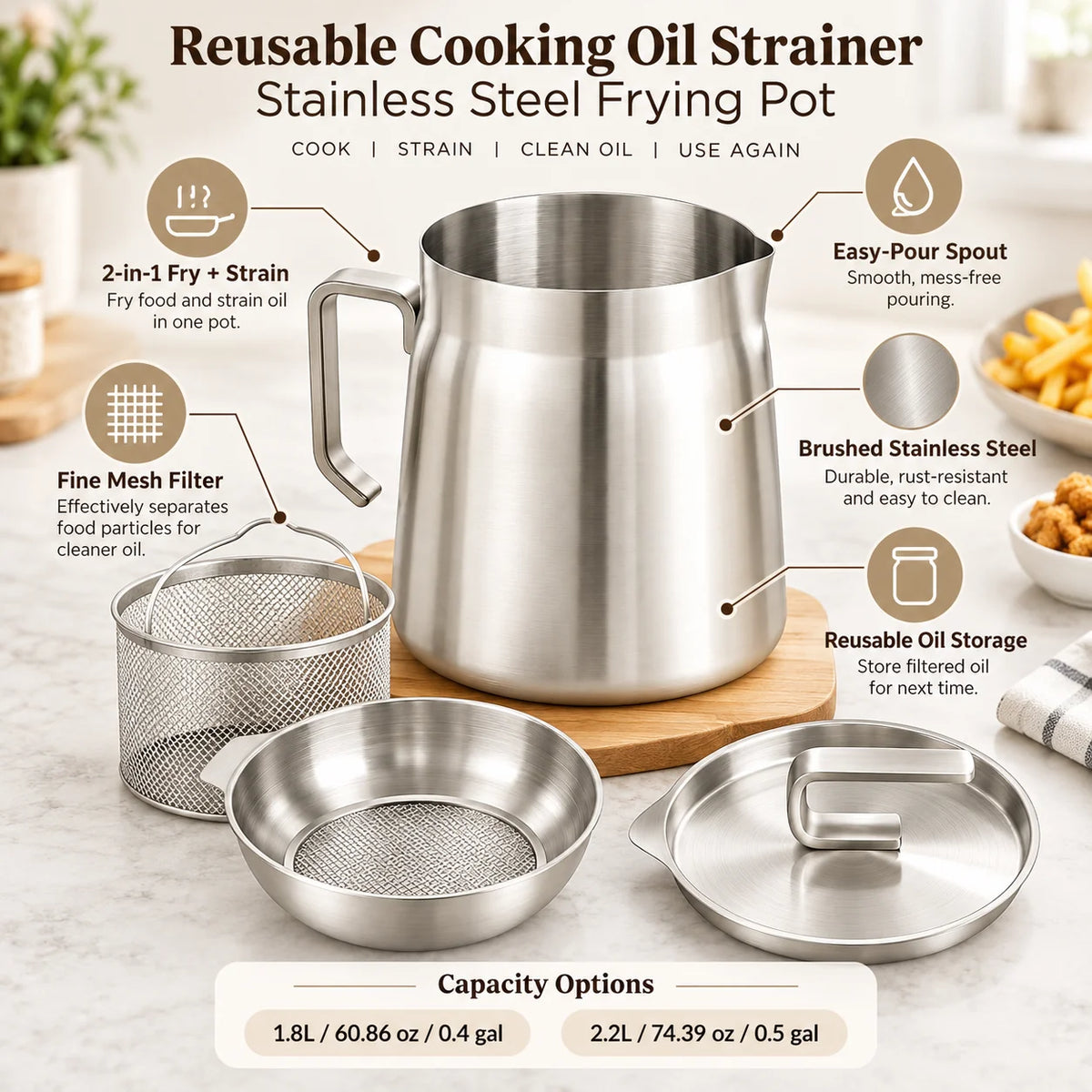 Oil Strainer Pot | Stainless Steel 2-in-1 Frying & Straining | 1.8L & 2.2L