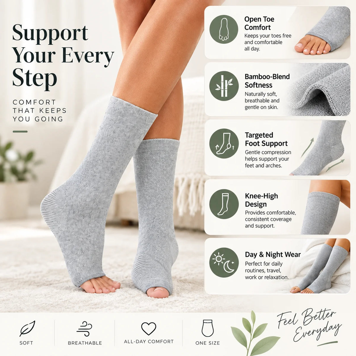 Open-Toe Compression Socks | Bamboo-Blend Breathable & Targeted Support | Knee-High
