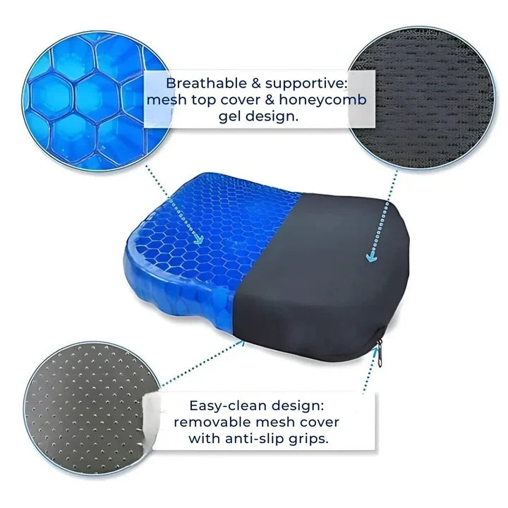 Orthopedic Gel Seat Cushion | Honeycomb Pressure-Relief & Tailbone Support | For Office, Car & Wheelchair