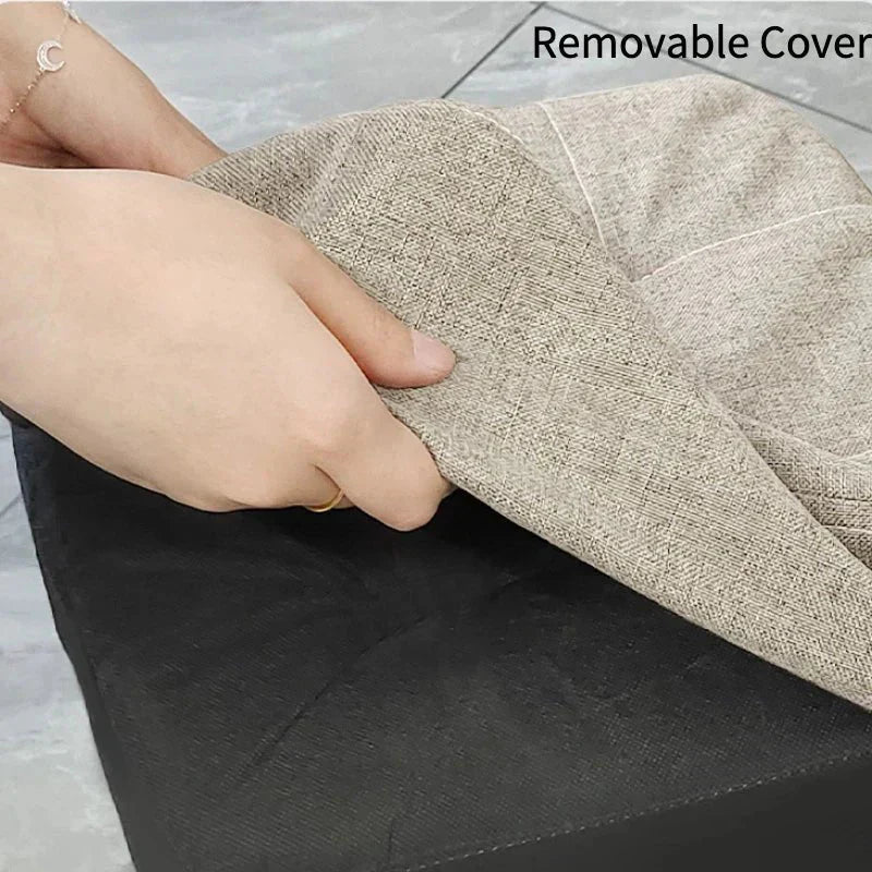 Ottoman Pouf | Padded Soft Linen Seat & Non-Slip Wooden Legs | Small & Medium