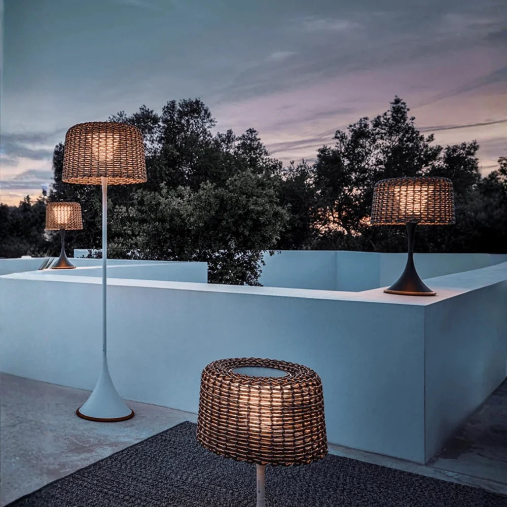 Outdoor Floor Lamp | Woven Rattan Shade & Warm LED | IP65