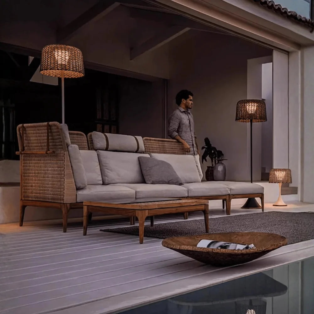 Outdoor Floor Lamp | Woven Rattan Shade & Warm LED | IP65