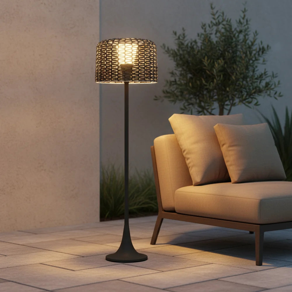 Outdoor Floor Lamp | Woven Rattan Shade & Warm LED | IP65