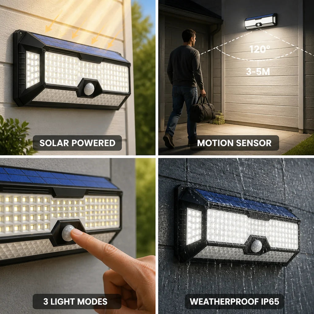 Outdoor Motion Sensor Light | Solar-Powered & IP65 Weatherproof | 120° Detection