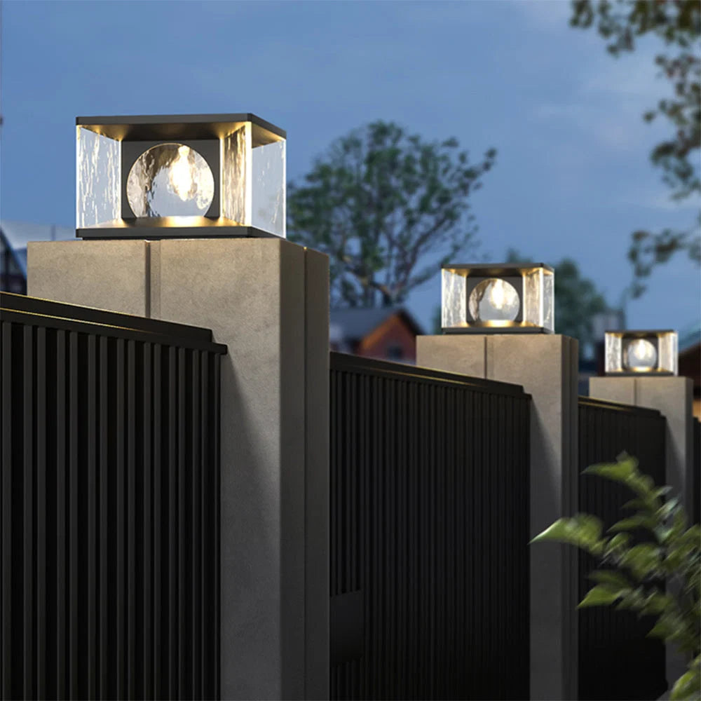 Outdoor Pillar Light | Cylindrical Metal Frame & Glass Panels | LED Bulb