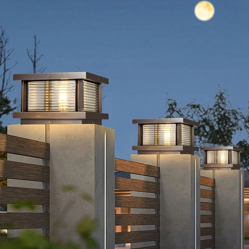 Outdoor Pillar Light | Rectangular Metal & Glass Shade | Post-Mount Hardwired