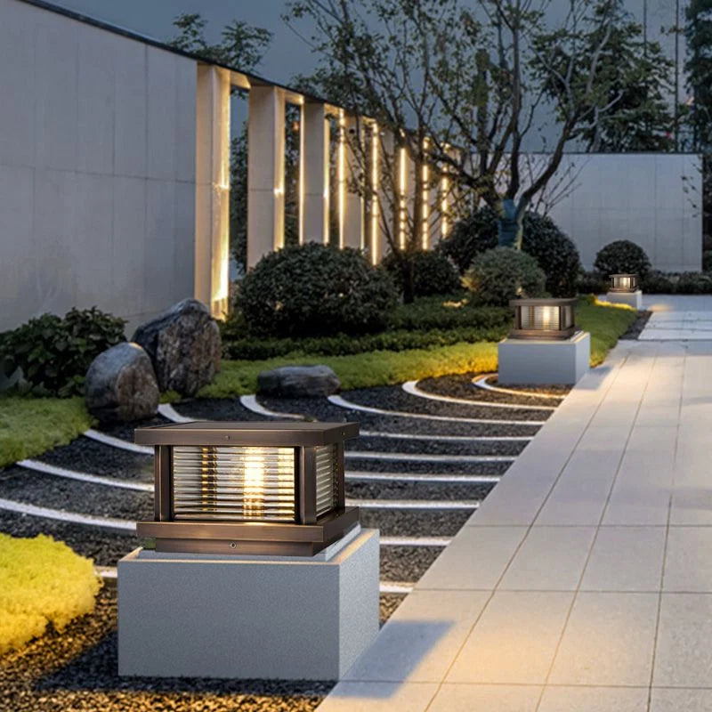 Outdoor Pillar Light | Rectangular Metal & Glass Shade | Post-Mount Hardwired