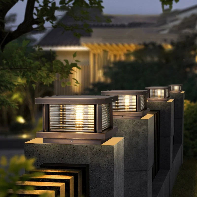 Outdoor Pillar Light | Rectangular Metal & Glass Shade | Post-Mount Hardwired