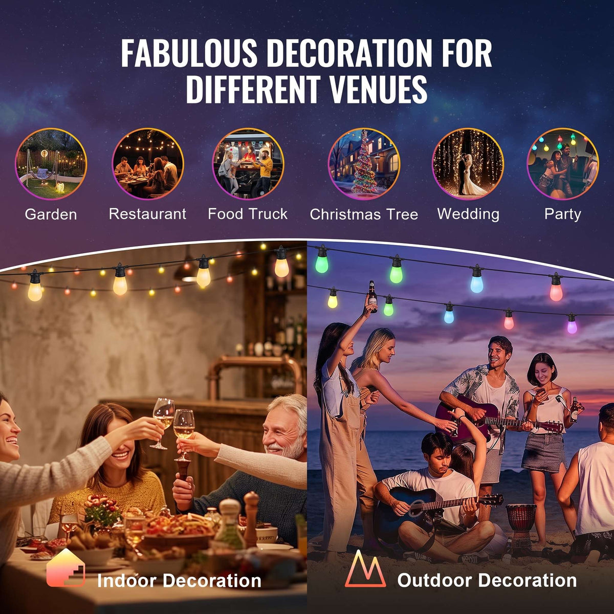 Outdoor String Lights | App-Controlled RGB & Weather-Resistant | 50 Ft