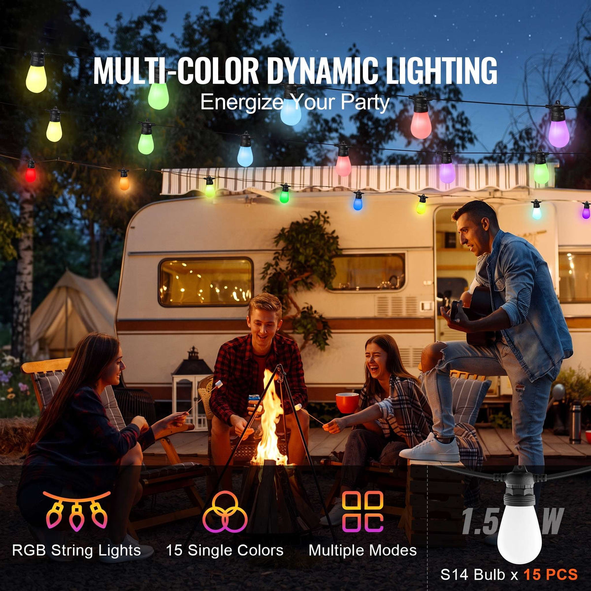Outdoor String Lights | App-Controlled RGB & Weather-Resistant | 50 Ft