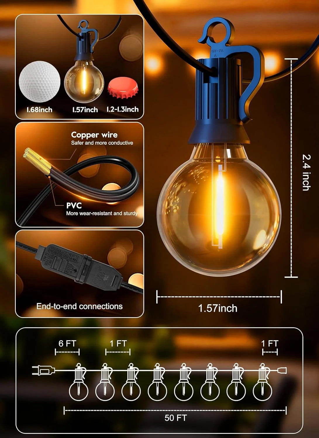 Outdoor String Lights | Waterproof Shatterproof LED | 50 Ft