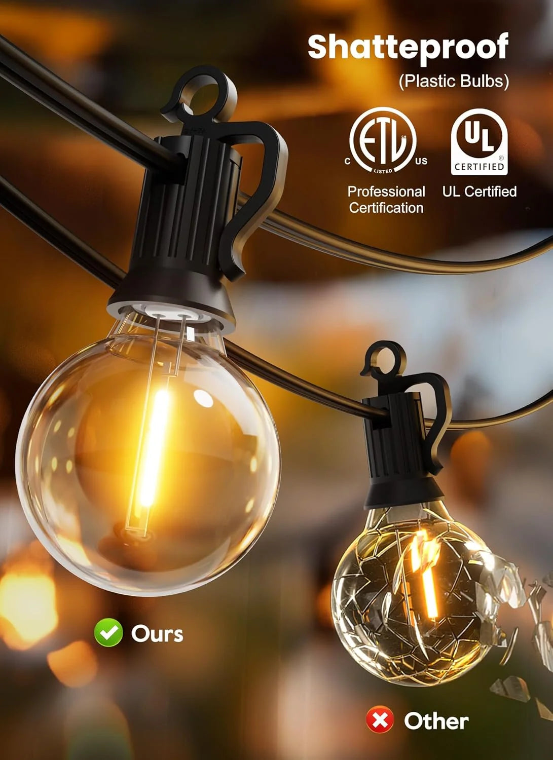 Outdoor String Lights | Waterproof Shatterproof LED | 50 Ft
