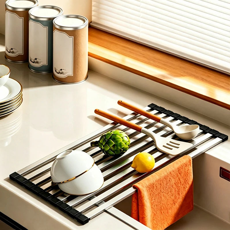 Over-Sink Drying Rack | Stainless Steel Roll-Up & Space-Saving