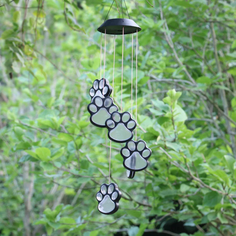 Paw Print Wind Chime | Solar-Powered & Color-Changing | Six Paw Prints