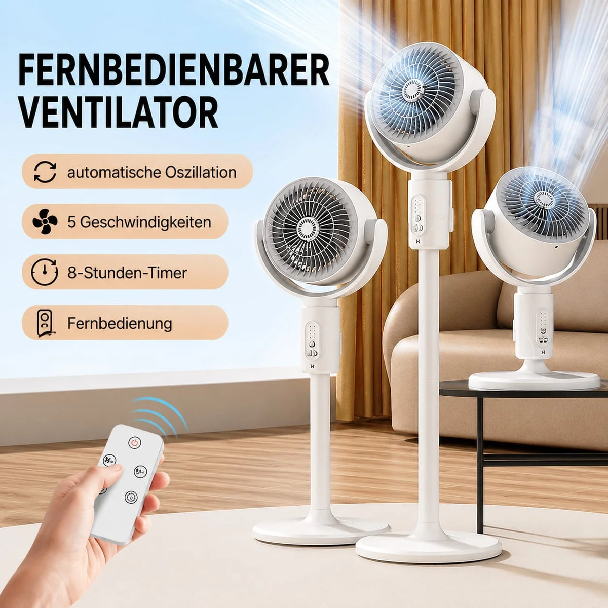 Pedestal Fan | Height-Adjustable & Whisper-Quiet | 5-Speed Auto Oscillation