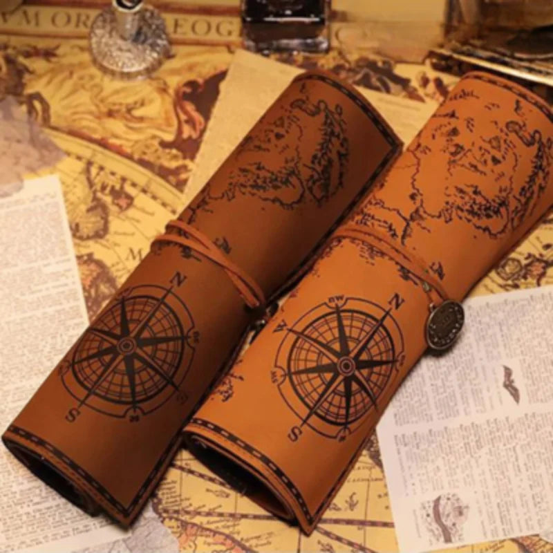 Pencil Case | Vintage Treasure Map & Roll-Up PU Leather | 12 x 8 in